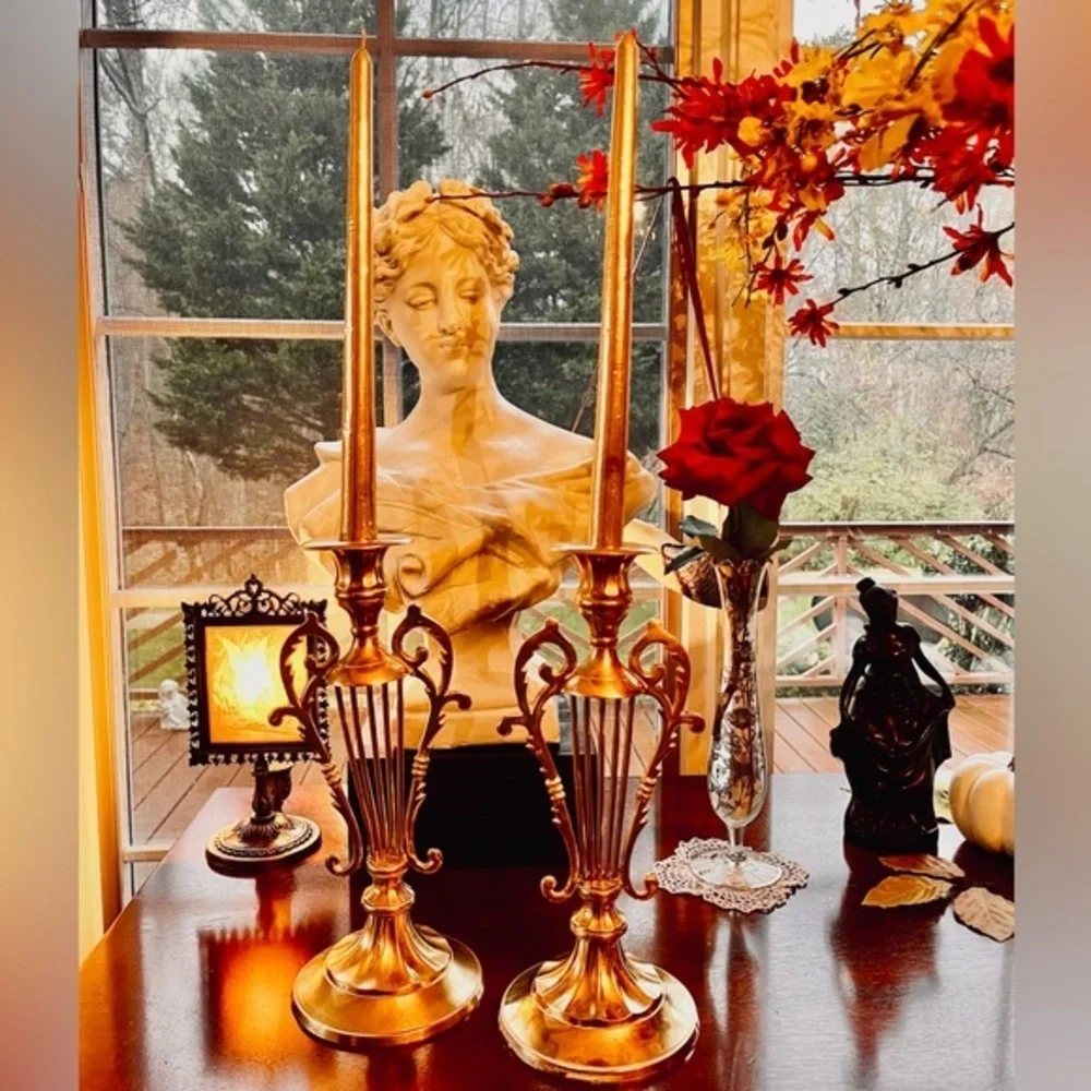 Pair of Lyre Shaped Brass Candle Holders 10-1/8